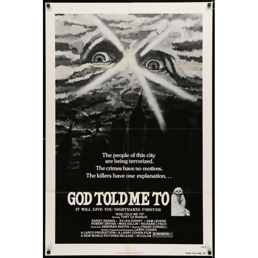 GOD TOLD ME TO Movie Poster '76 Larry Cohen directed, wild satanic sci-fi, Demon!