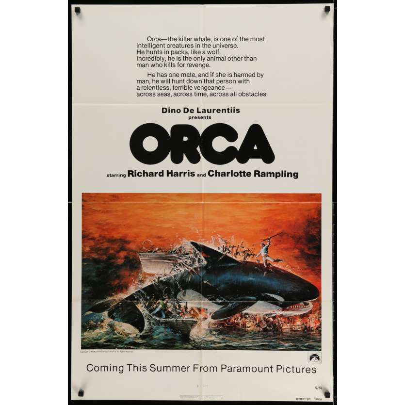 ORCA Movie Poster 29x41 in. USA - 1977 - Michael Anderson, Richard Harris