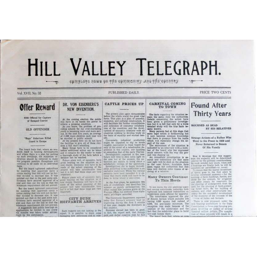 BACK TO THE FUTURE III Newspaper Prop - Hill Valley Telegraph