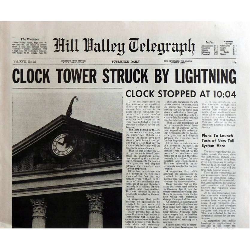 RETOUR VERS LE FUTUR Réplique du journal Clock Tower 40x60 cm - 1985 - Michael J. Fox, Robert Zemeckis