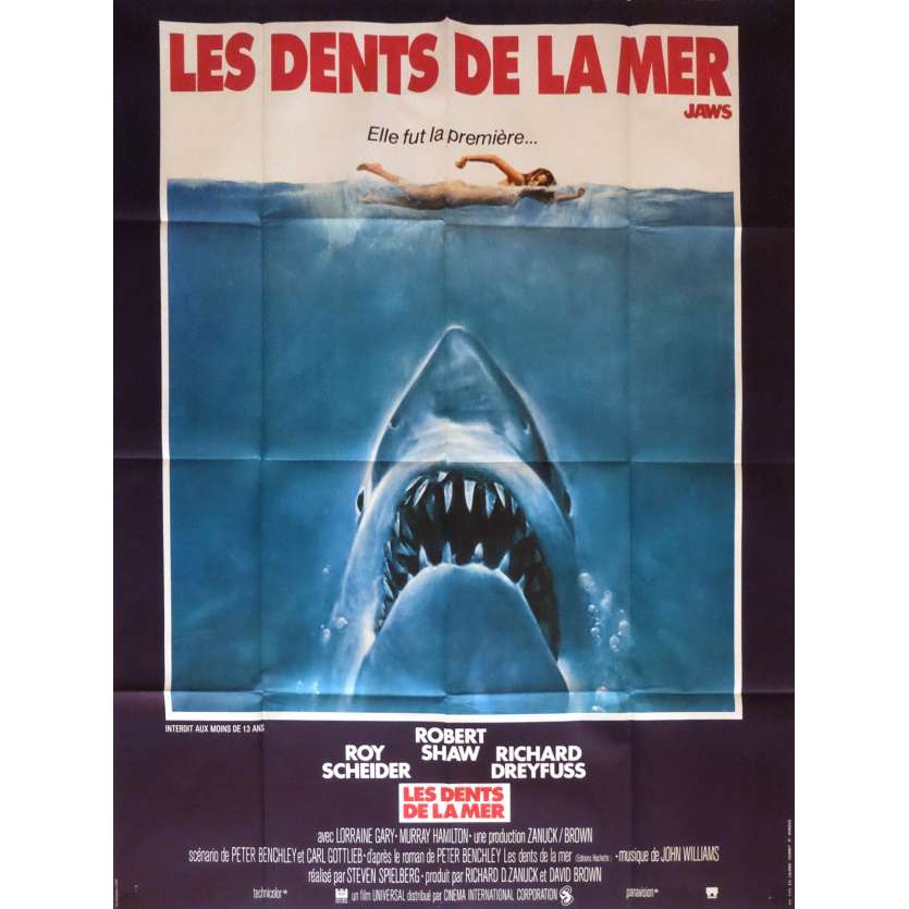 JAWS French 1p '75 art of Steven Spielberg classic man-eating shark attacking sexy swimmer!