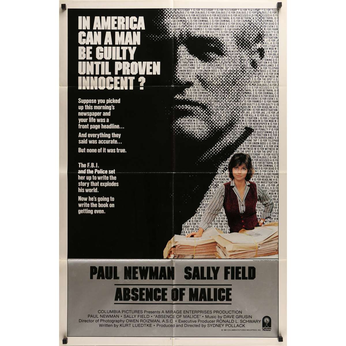 ABSENCE OF MALICE Movie Poster  29x41 in.  - 1981 - Sydney Pollack, Paul Newman Świetna cena
