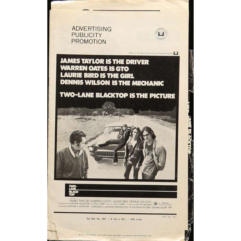 MACADAM A DEUX VOIES Dossier de presse 28x43 cm - 1971 - Warren Oates, Monte Hellman
