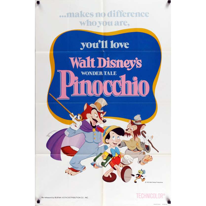 PINOCCHIO US Movie Poster 29x41 - R1978 - Disney, Mel Blanc