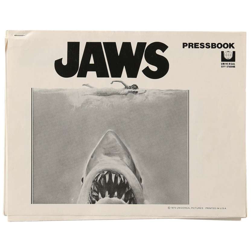 JAWS pressbook '75 art of Steven Spielberg's classic man-eating shark attacking sexy swimmer!