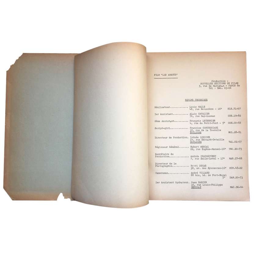LES AMANTS Scénario - 21x30 cm. - 1958 - Jeanne Moreau, Louis Malle