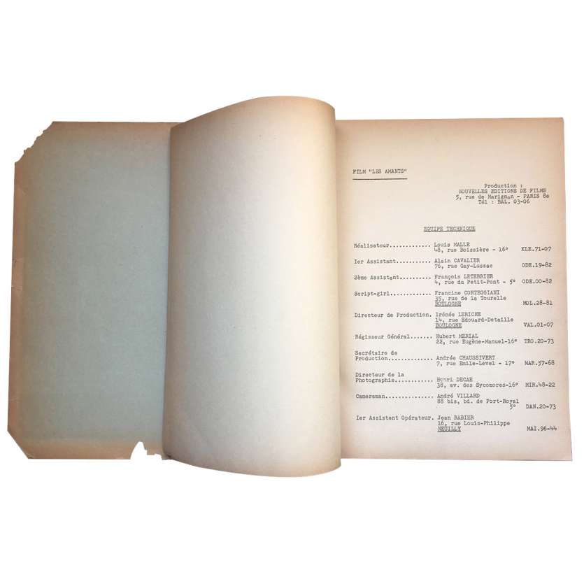 THE LOVERS Movie Script   - 9x12 in. - 1958 - Louis Malle, Jeanne Moreau