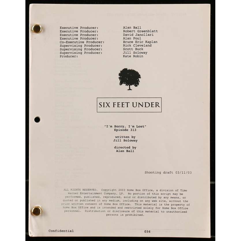 SIX FEET UNDER - I'M SORRY I'M LOST Movie Script - 9x12 in. - 2003 - Alan Ball, Jill Soloway