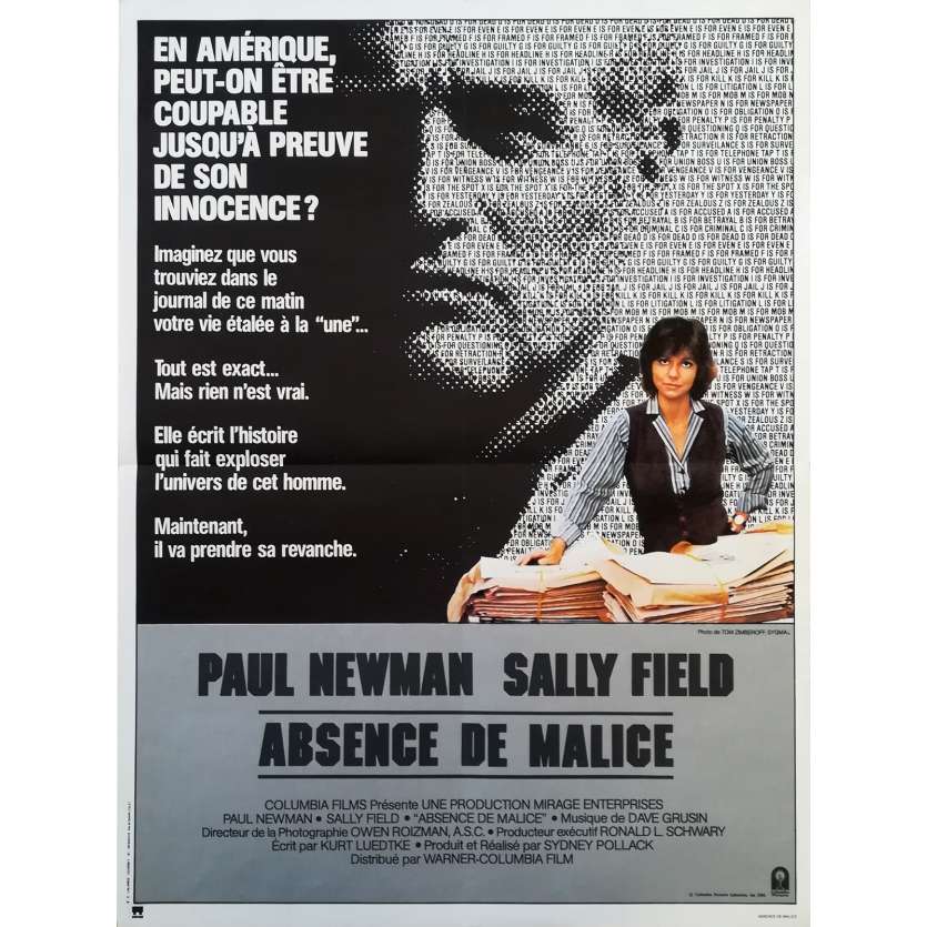 ABSENCE DE MALICE Affiche de film 40x60 - 1981 - Paul Newman, Sydney Pollack