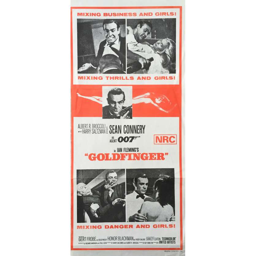 GOLDFINGER Affiche de film  - 33x78 cm. - R1970 - Sean Connery, Guy Hamilton