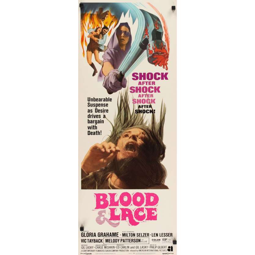 BLOOD & LACE insert movie poster '71 AIP, gruesome horror image of wacky cultist bloody hammer!
