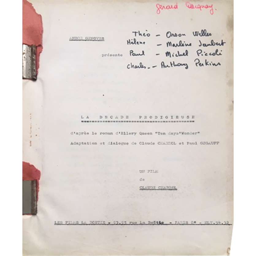 LA DECADE PRODIGIEUSE Scénario Original 207p - 1971 - Claude Chabrol, Orson Welles