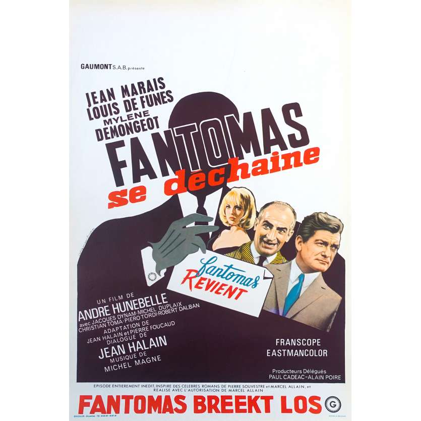 FANTOMAS UNLEASHED Original Movie Poster  - 14x21 in. - 1965 - André Hunebelle, Jean Marais, Louis de Funès