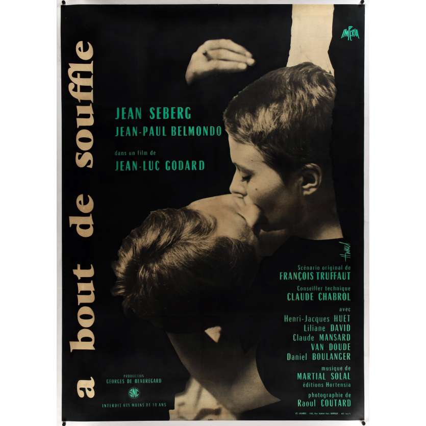 A BOUT DE SOUFFLE Affiche de cinéma Originale entoilée - 120x160 - 1960 - Godard, Nouvelle Vague