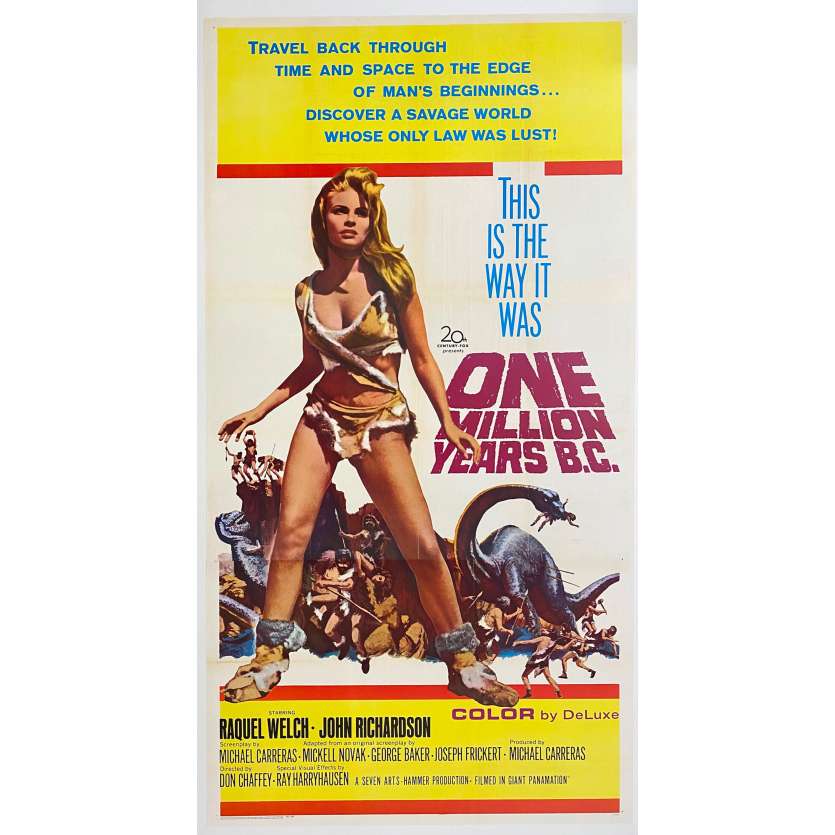 ONE MILLION YEAR BC Original Linenbacked 3sh Movie Poster - 41x81 - 1966 - Raquel Welch, Hammer, EX/NM B.C. 3 sheets