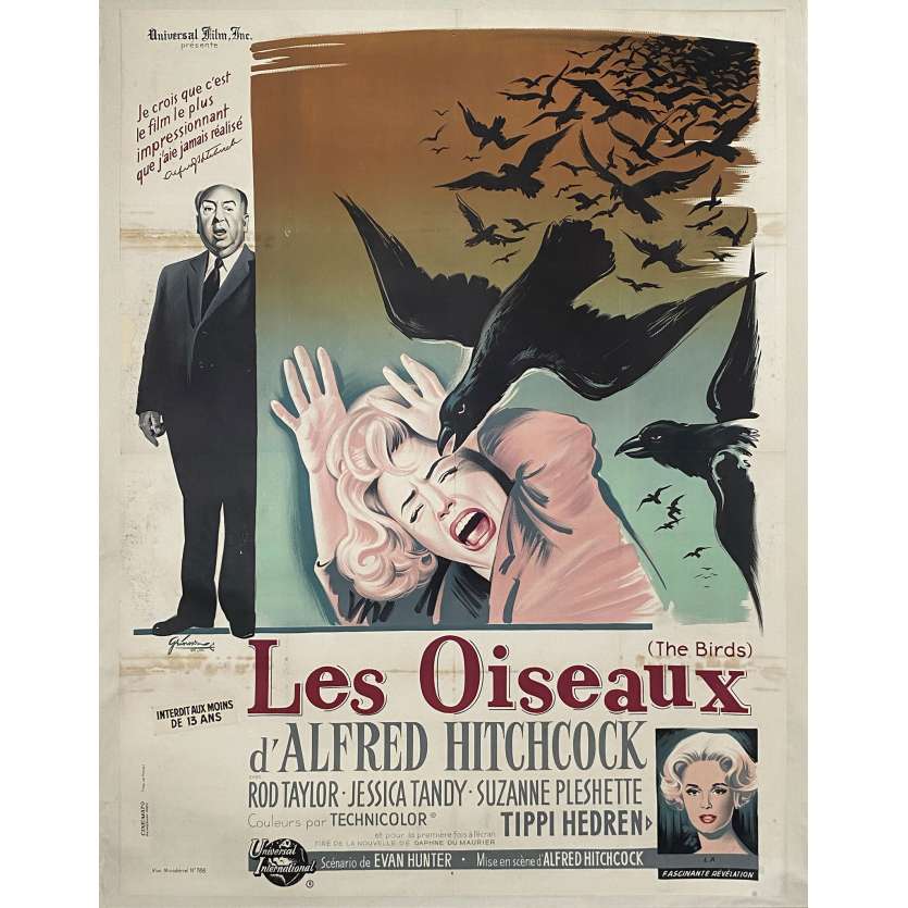 THE BIRDS French Movie poster - 1963 - Grinsson art of Alfred Hitchcock, Hedren, rare!