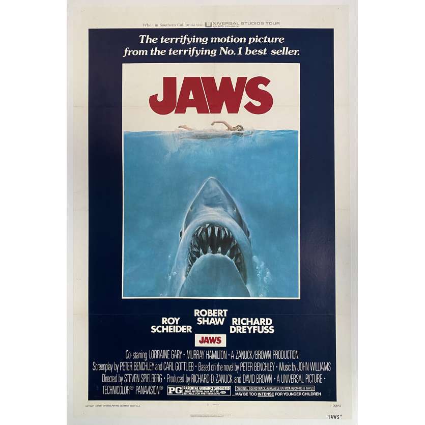 LES DENTS DE LA MER Affiche de film américaine entoilée - 1975 - Spielberg, Rare !