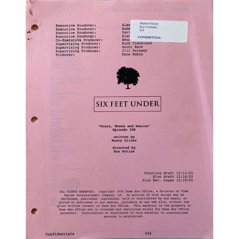 SIX FEET UNDER Original Movie Script S03E08 - 9x12 in. - 2003 - Alan Ball, Peter Krause