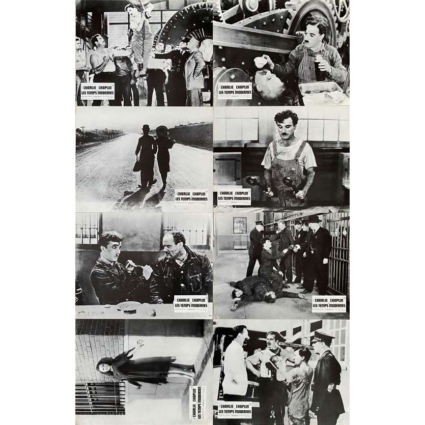 MODERN TIMES Vintage Lobby Cards x8 - 9x12 in. - 1936/R1970 - Charles Chaplin, Paulette Goddard,