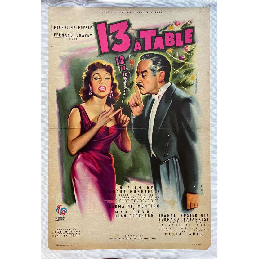 13 A TABLE Affiche de film entoilée- 40x60 cm. - 1955 - Micheline Presle, André Hunebelle