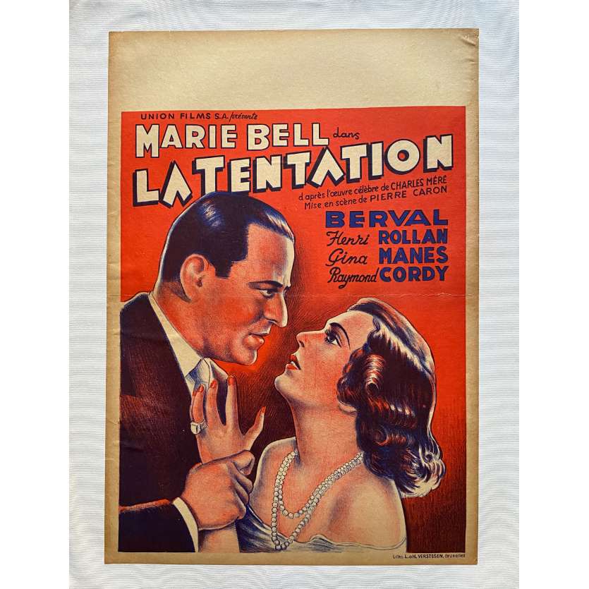 LA TENTATION Affiche de film entoilée- 35x55 cm. - 1936 - Marie Bell, Pierre Caron