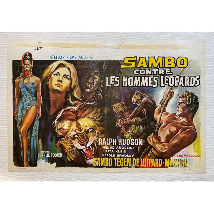 TARZAN CONTRE LES HOMMES LEOPARDS Affiche de film entoilée- 35x55 cm. - 1964 - Ralph Hudson, Carlo Veo