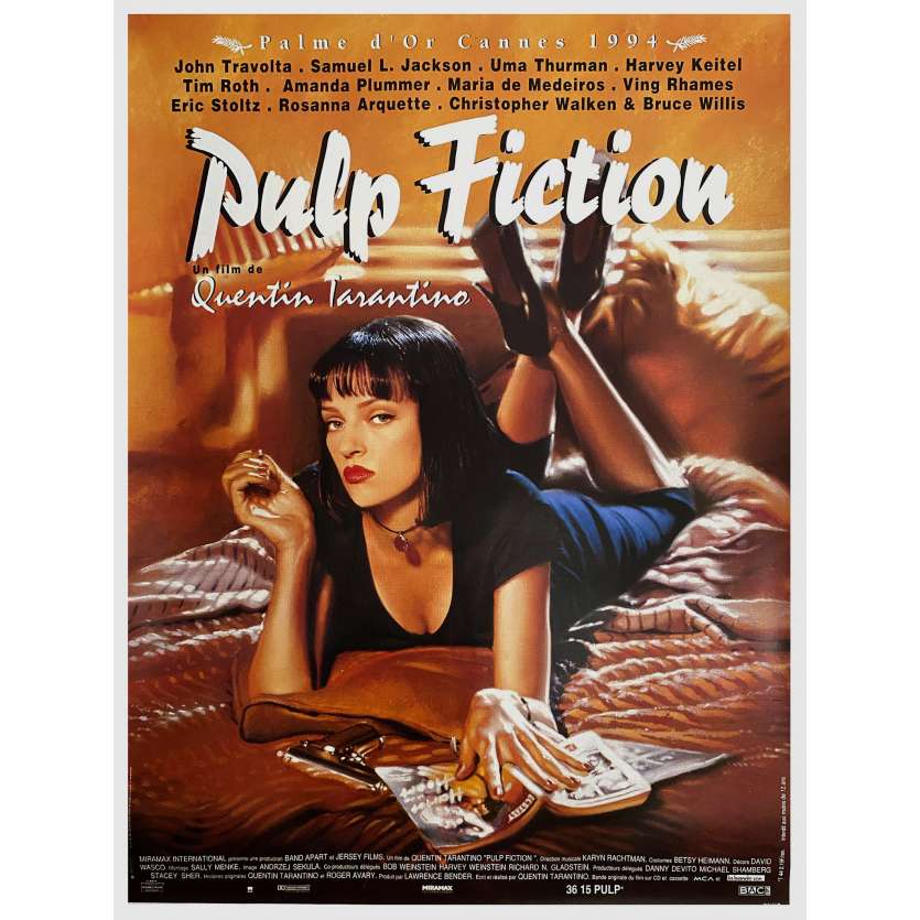 PULP FICTION Affiche de film entoilée- 120x160 cm. - 1994 - Uma Thurman, Quentin Tarantino