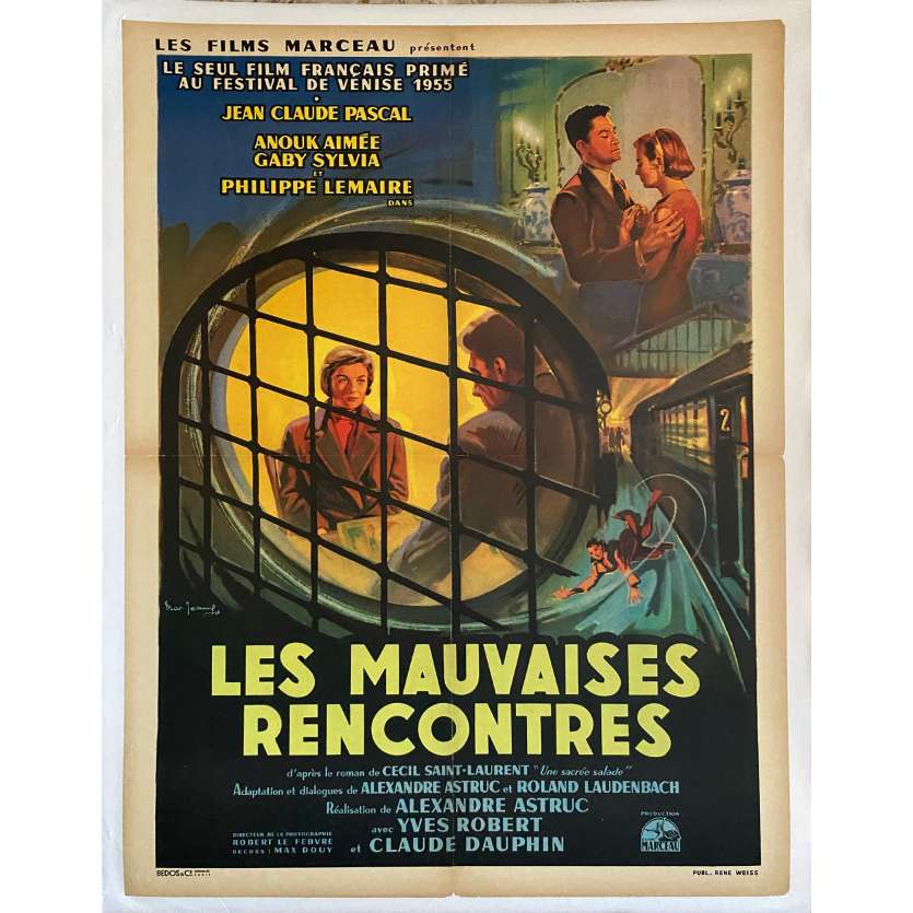 LES MAUVAISES RENCONTRES Affiche de film entoilée- 60x80 cm. - 1955 - Anouk Aimée, Alexandre Astruc