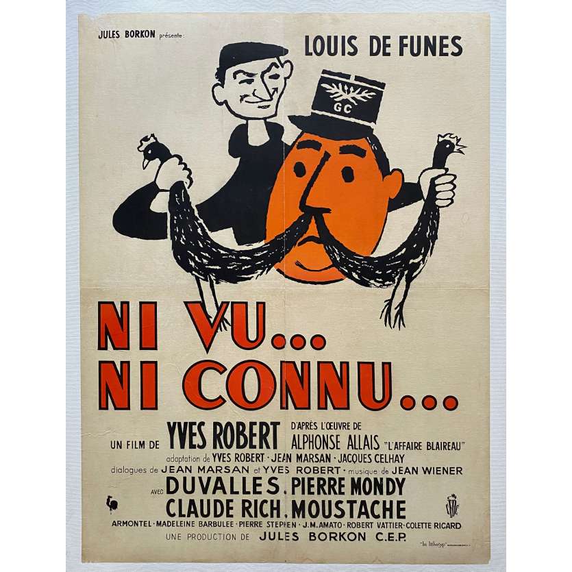 NEITHER SEEN NOR RECOGNIZED Movie Poster- 23x32 in. - 1958 - Yves Robert, Louis de Funès