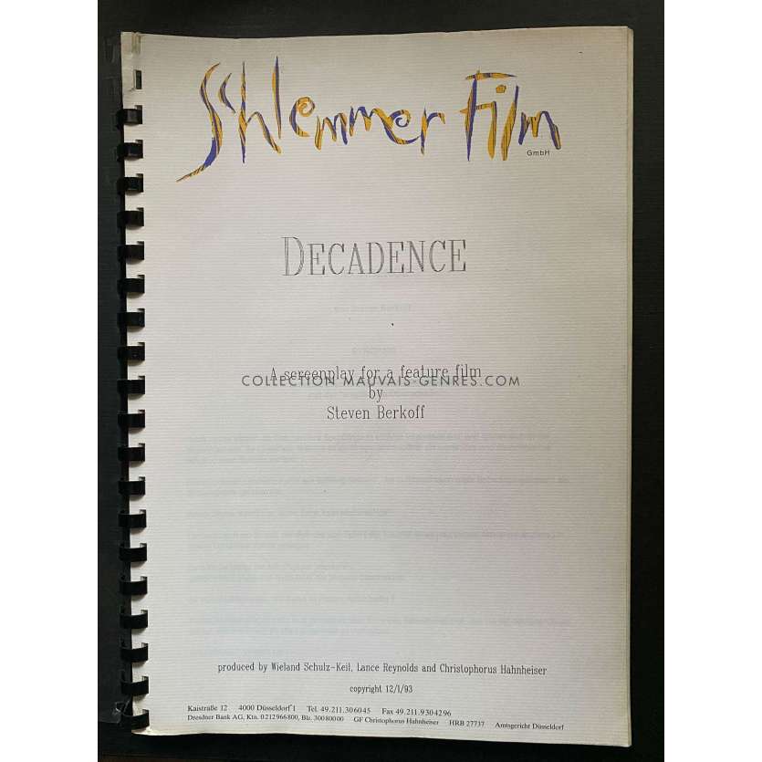 DECADENCE Movie Script en anglais, 75p - 9x12 in. - 1994 - Steven Berkoff, Joan Collins