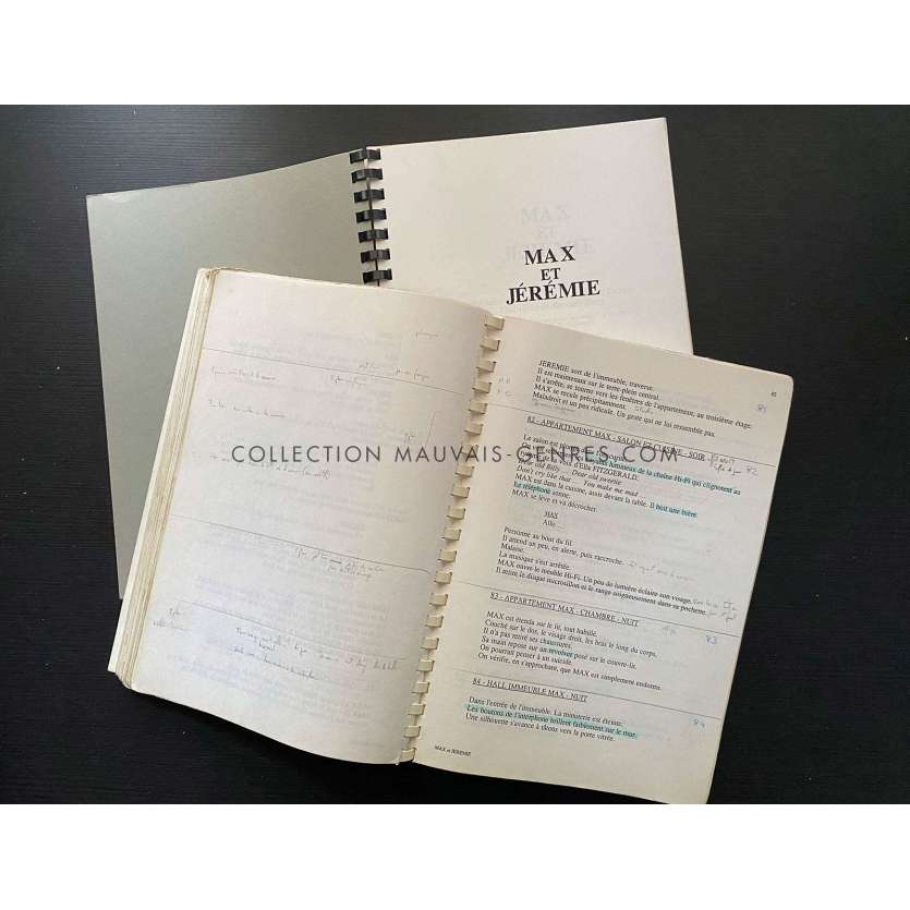 MAX ET JEREMIE Lot de Scénarios, Annoté, 141p - 143p - 21x30 cm. - 1992 - Philippe Noiret, Christopher Lambert, Claire Devers