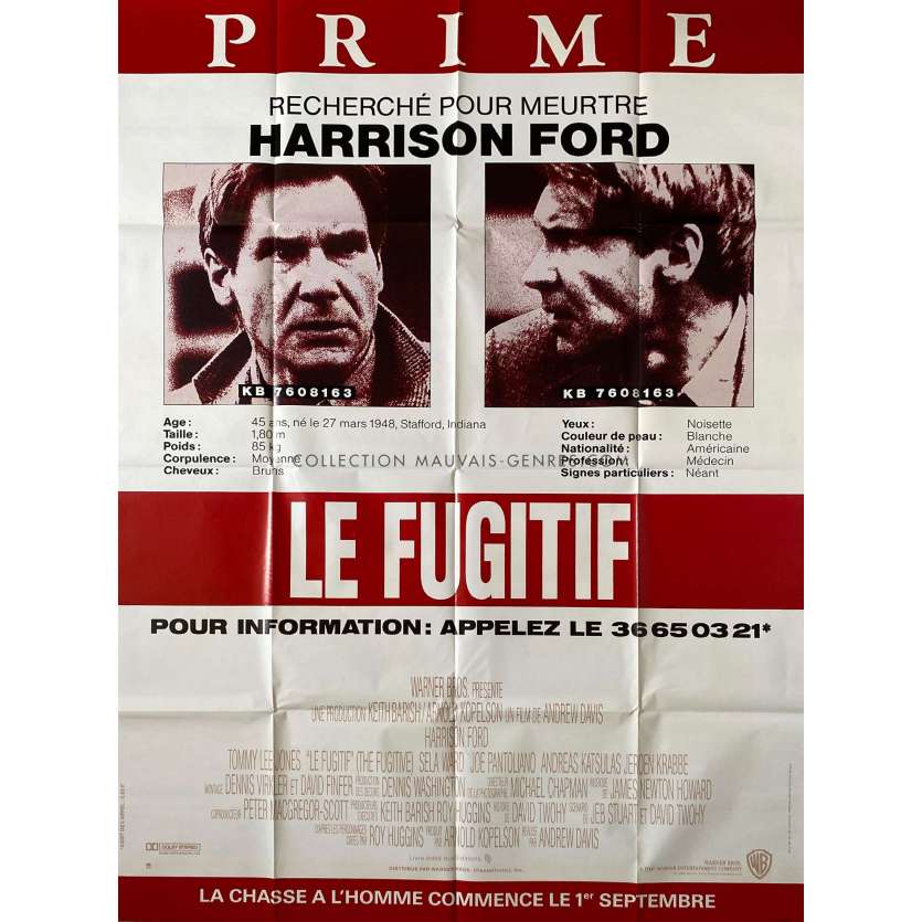 THE FUGITIVE Original Movie Poster- 47x63 in. - 1993 - Andrew Davis, Harrison Ford