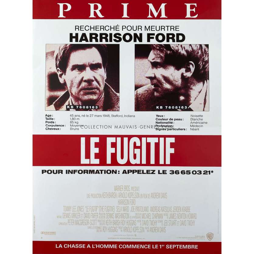 THE FUGITIVE Original Movie Poster- 15x21 in. - 1993 - Andrew Davis, Harrison Ford