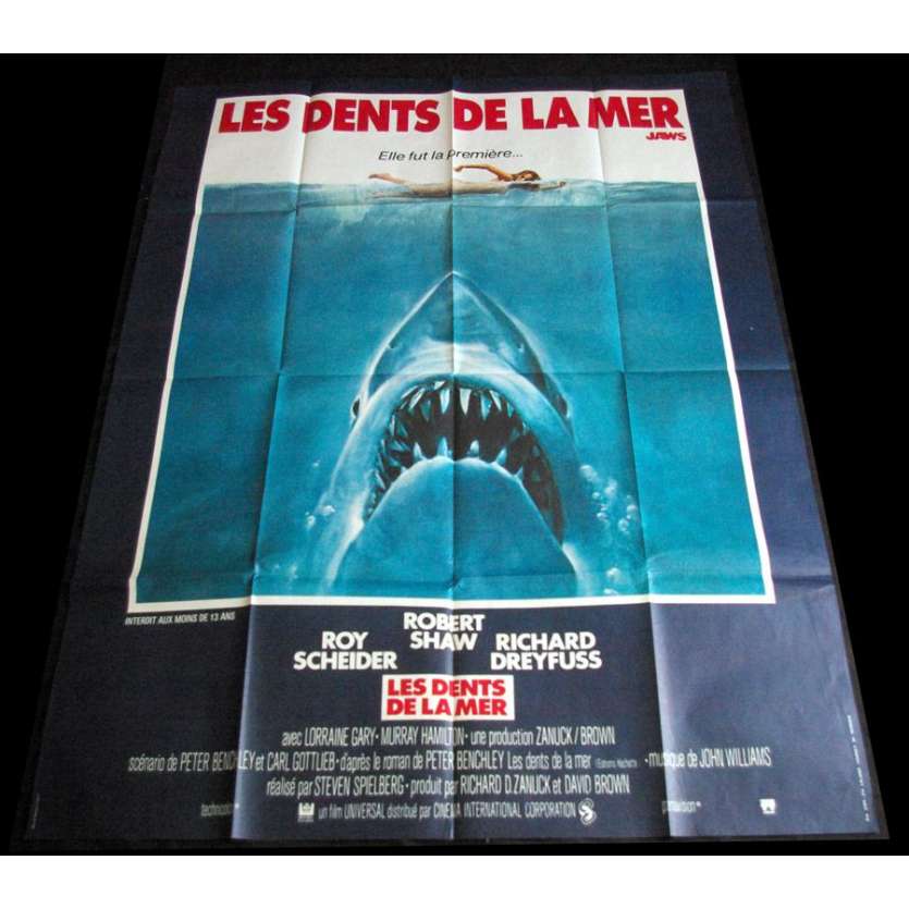 JAWS French 1p '75 art of Steven Spielberg classic man-eating shark attacking sexy swimmer!