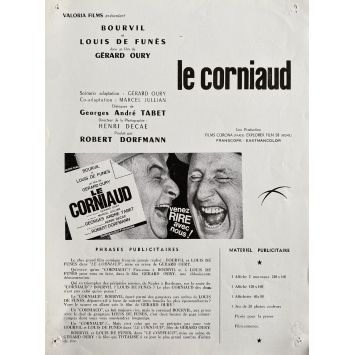 LE CORNIAUD Synopsis 2p - 21x30 cm. - 1965 - Bourvil, Louis de Funès, Gérard Oury