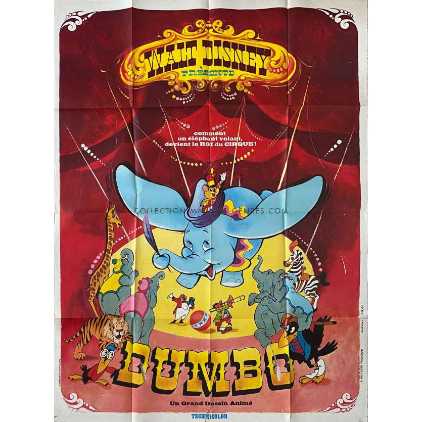DUMBO French Movie Poster Red Style. - 47x63 in. - 1941/R1970 - Walt Disney, Sterling Holloway