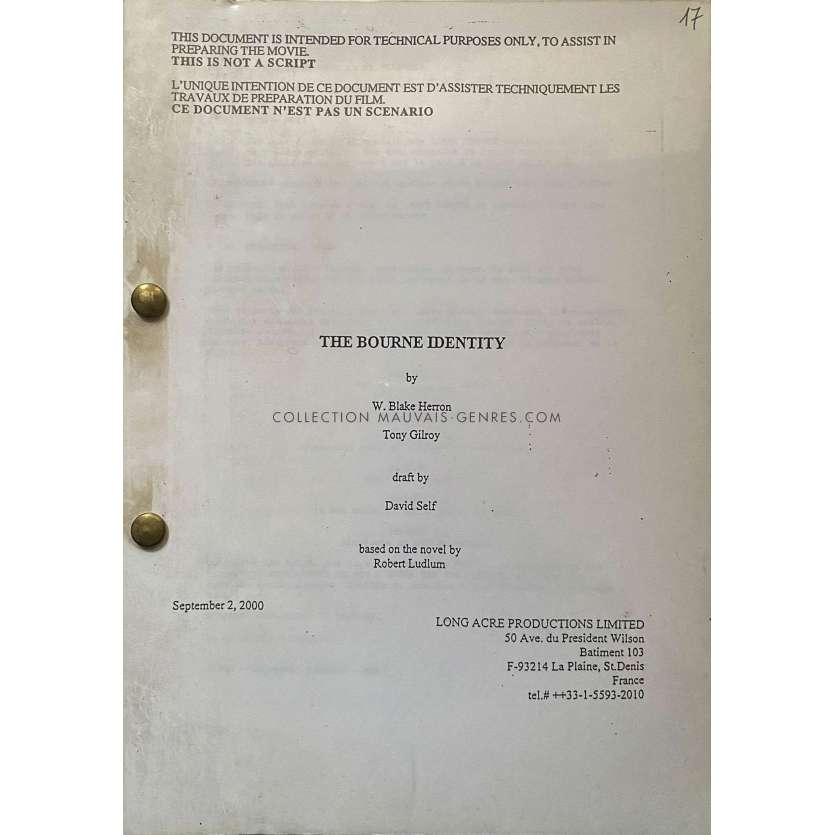 THE BOURNE IDENTITY Movie Script En français, 93p - 9x12 in. - 2002 - Doug Liman, Matt Damon