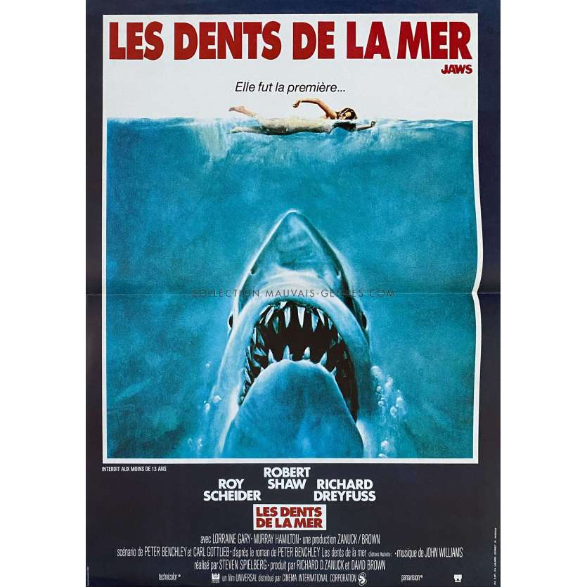 JAWS French Movie Poster FOLDED. - 15x21 in. - 1975/R1990 - Steven Spielberg, Roy Sheider