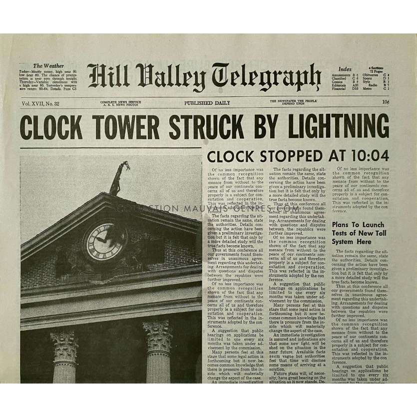 BACK TO THE FUTURE Newspaper Prop Replica Clock Tower 15x21 in. USA - 1985 - Robert Zemeckis, Michael J. Fox