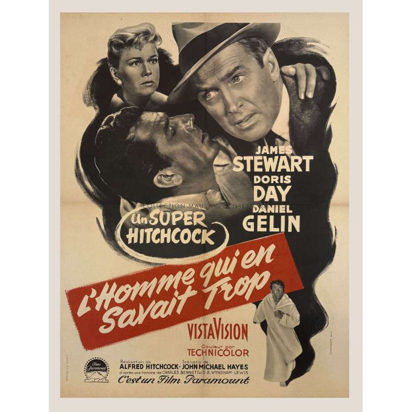 L'HOMME QUI EN SAVAIT TROP Affiche de cinéma entoilée- 60x80 cm. - 1956 - Alfred Hitchcock