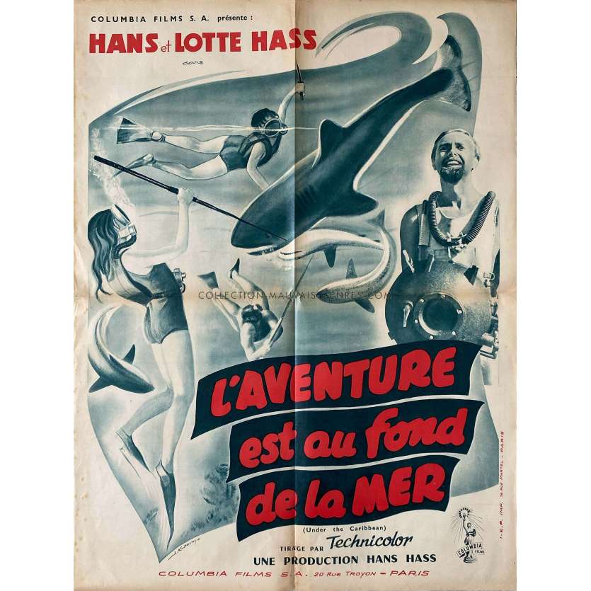 UNDER THE CARIBBEAN French Movie Poster- 23x32 in. - 1954 - Hans Hass, Heinrich Becker