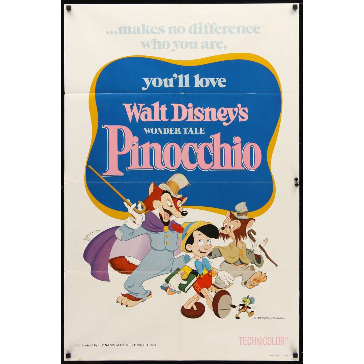 PINOCCHIO Original Movie Poster - US 27x40 in. - 1940/R1978 - Disney classic