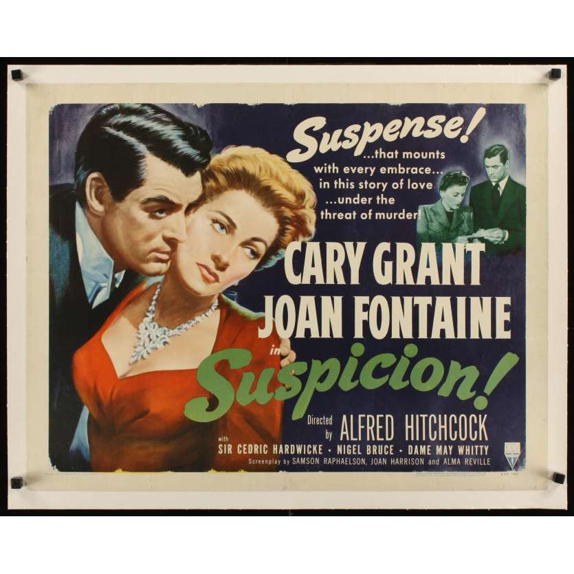 SUSPICION linen 1/2sh R53 Alfred Hitchcock, close up art of Cary Grant & Joan Fontaine