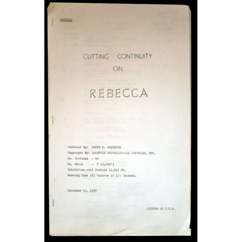 REBECCA Movie Script – Cutting Continuity '57 Alfred Hitchcock, Laurence Olivier & Joan Fontaine