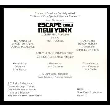 NEW-YORK 1997 Invitation Premiere du film '81 John Carpenter, Kurt Russel NEW-YORK 1997 Invitation Premiere du film '81 John Carpenter, Kurt Russel