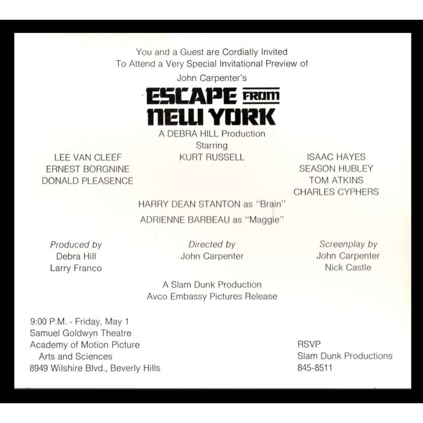 NEW-YORK 1997 Invitation Premiere du film '81 John Carpenter, Kurt Russel